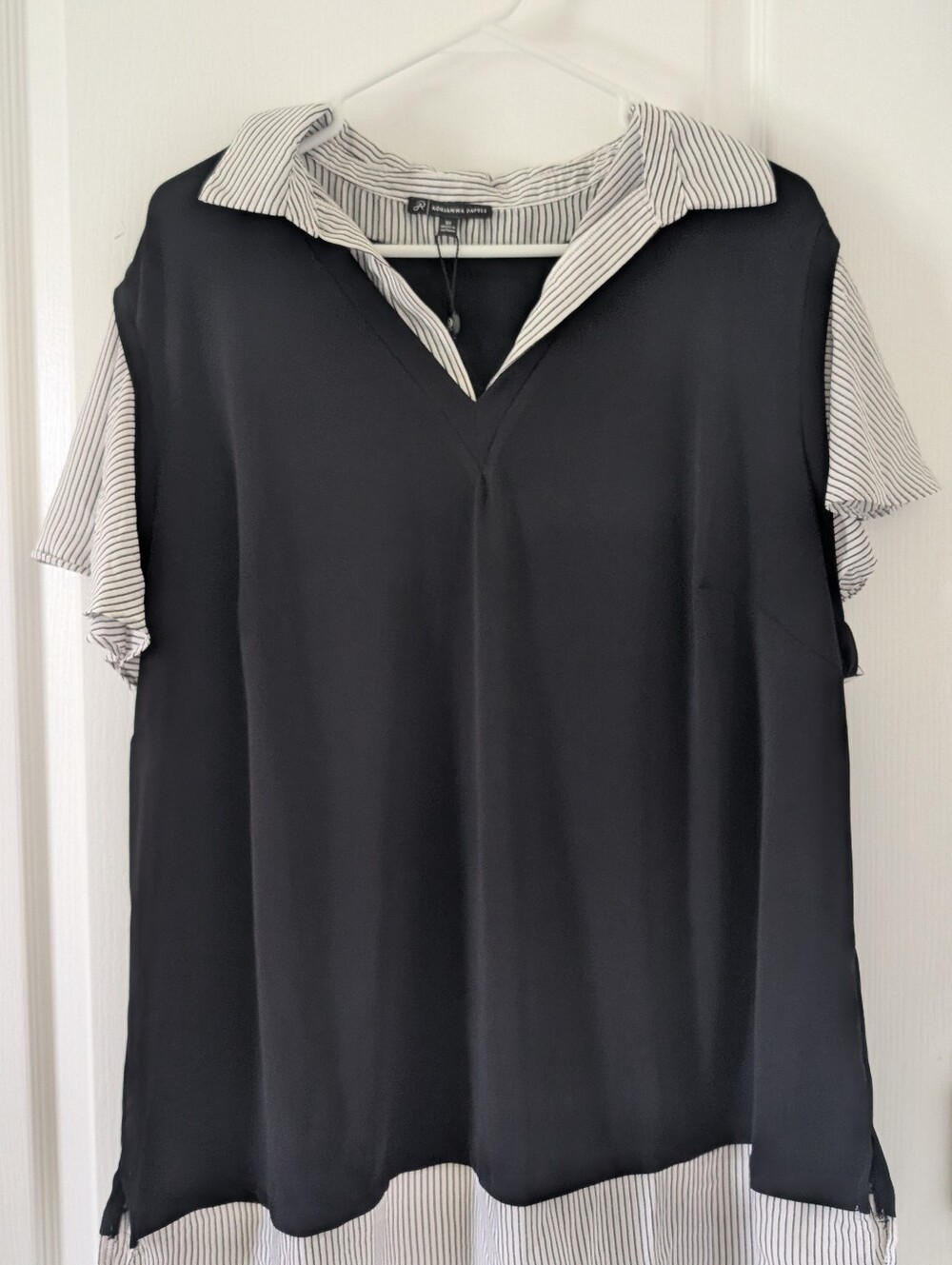 ADRIANNA PAPELL  Blouse Black w/ White Twofer Collar Business Office  3X NWT